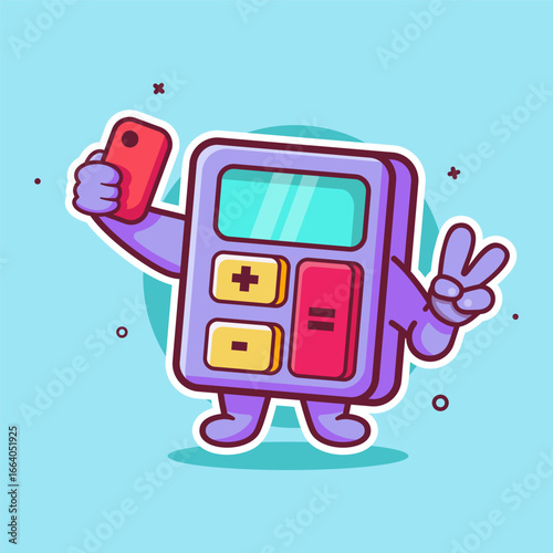 funny calculator character mascot taking a selfie with a smartphone isolated cartoon 