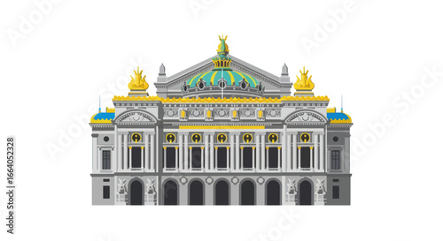 Detailed vector illustration of an iconic opera house with golden statues and ornaments