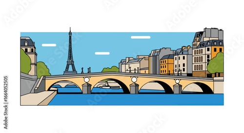 Stylized Paris panorama with iconic Eiffel Tower and river bridge architecture
