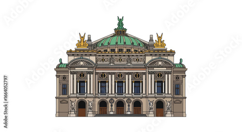 Architectural illustration of a grand opera house with intricate details and sculptures