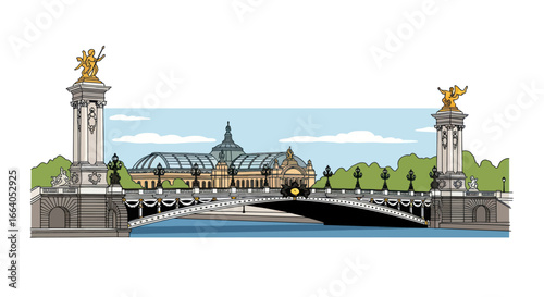 Parisian cityscape showcases Alexandre III bridge and grand palais architectural splendor