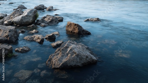 Rocky Outcrops Amidst Flowing River Waters in Natural Setting Scenery