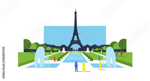 Stylized cityscape featuring the Eiffel Tower in a park with people and fountains