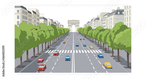 Animated cityscape of Paris avenue with trees and cars leading to iconic landmark