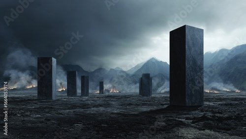 Dark, desolate landscape with towering, rectangular structures amidst a volcanic, smoky scene
