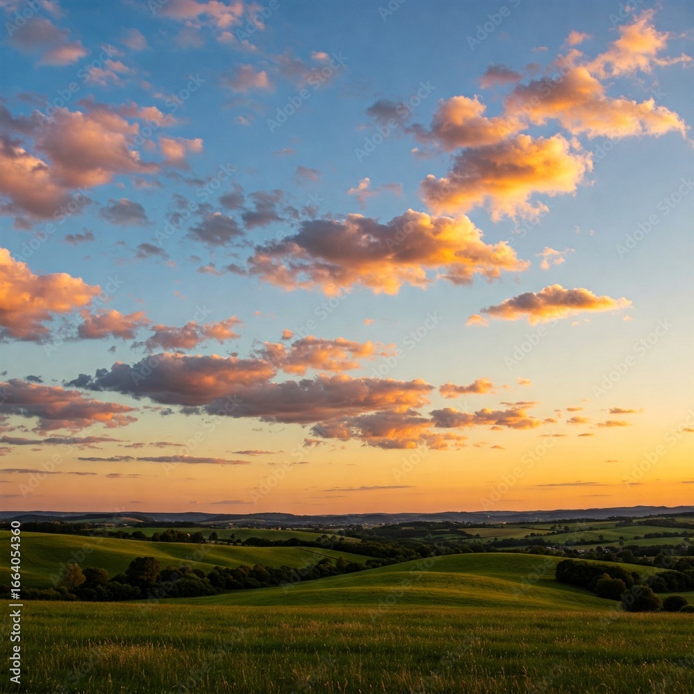 Fototapeta premium Orange light sunset clouds on the sky in the grassland green