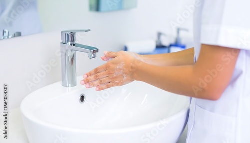 Close-up view of a person meticulously washing hands at a hospital sink, emphasizing the importance of hygiene and sanitation.