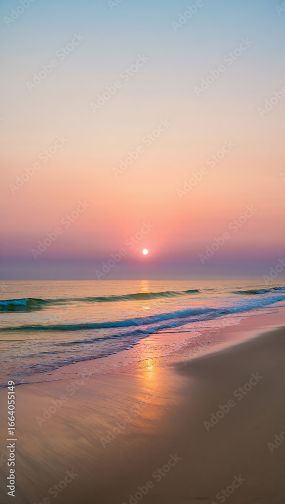 Obraz premium Serene Beach Sunset with Gentle Waves and Colorful Sky ocean