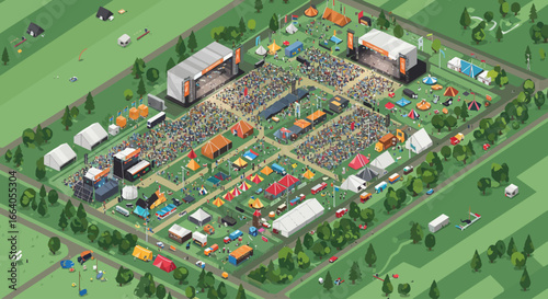 This expansive flat design illustration offers a high-angle view of a large music festival, showcasing its stages, tents, food areas, and energetic crowds from above.