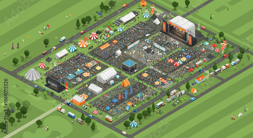 This expansive flat design illustration offers a high-angle view of a large music festival, showcasing its stages, tents, food areas, and energetic crowds from above.