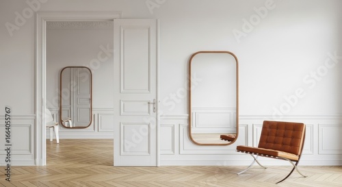 A modern interior design featuring a brown leather barcelona chair and an oval mirror with a wooden frame, positioned in a whitewalled room with a white door and parquet flooring