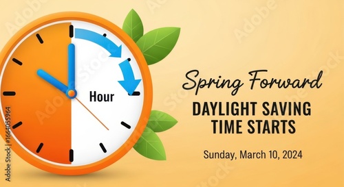 Spring forward daylight saving time starts on sunday, march 10, 2024, with a clock face indicating the hour change and green leaves