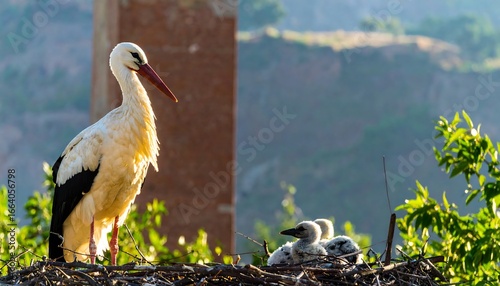 Two stork chicks nestled in a nest, watched over by a parent stork, bathed in morning sunlight.