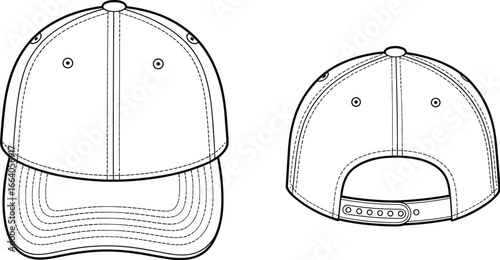 Baseball cap technical sketch, front and back view, detailed stitching, adjustable strap, curved brim, vector flat cad drawing illustration