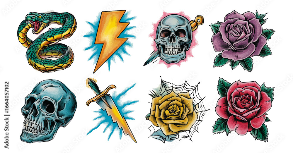 Obraz premium Colorful Tattoo Illustrations with Skull, Snake, and Rose Designs