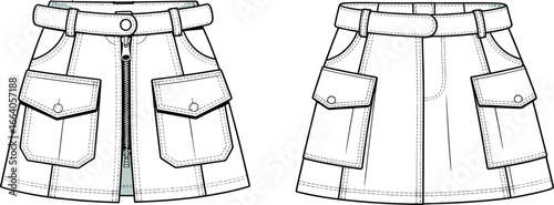 High-waisted A-line skirt technical drawing, front and back view, fashion flat sketch, detailed pockets, zipper, belt loops, CAD illustration