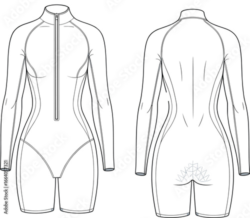 Women's wetsuit technical fashion drawing, front and back view, spring suit style, zipper detail, contour paneling, vector illustration