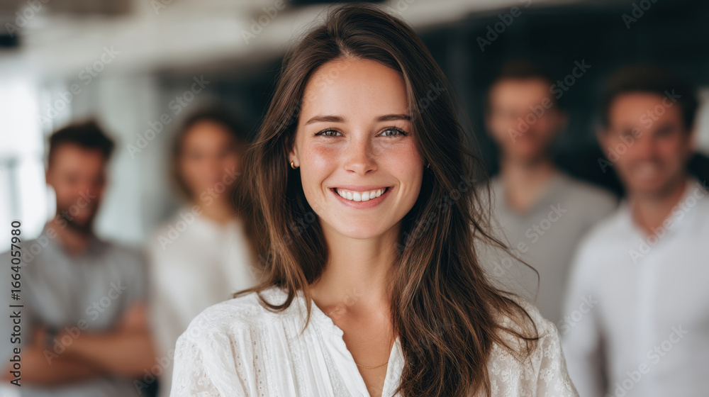 Confident woman with long brown hair smiles warmly in modern office setting, surrounded by group of colleagues. atmosphere is friendly and professional Confident woman with long brown hair smiles warmly in modern office setting, surrounded by group of colleagues. atmosphere is friendly and professional