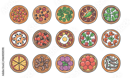 Variant pizza with top view vector graphic illustration set