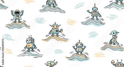 Adorable retro robot characters enjoying fun activities in a whimsical landscape illustration