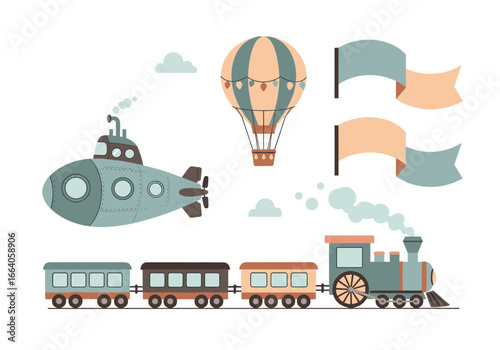 Whimsical vintage transportation collection featuring a hot air balloon train and submarine illustration elements for childrens designs