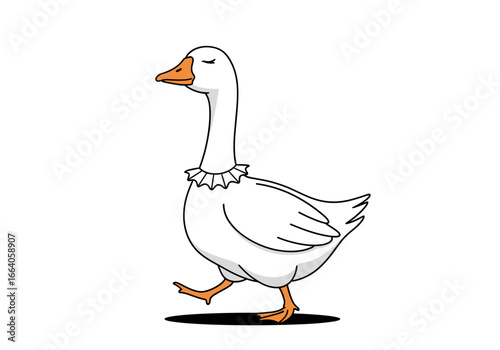Elegant white goose struts proudly with a decorative neck ruff during a casual afternoon stroll in a peaceful countryside meadow