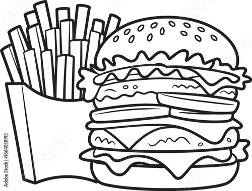 Fast Food Coloring Page Vector of Burger and French Fries Fun Junk Food Illustration, burger and fries coloring page