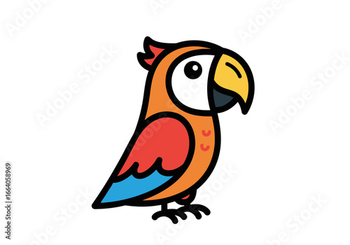 A brightly colored cartoon parrot with a friendly expression and detailed feathers in a playful artistic style
