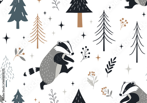 Charming woodland creatures and festive evergreen trees adorning a winter landscape pattern design