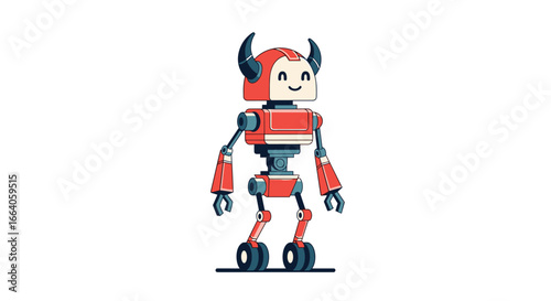A friendly red robot with horns and wheels is happily walking in a fun digital animation scene