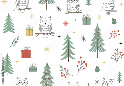 Whimsical forest creatures and festive gifts adorning a pattern of winter woodland wonders