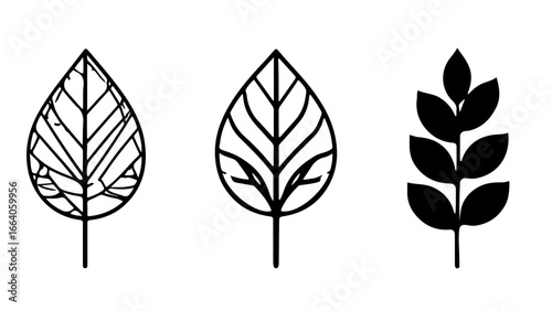 Minimalist SVG icon set featuring geometric leaf shapes with clean lines. Simple modern design for eco logos, nature branding, and organic product packaging.