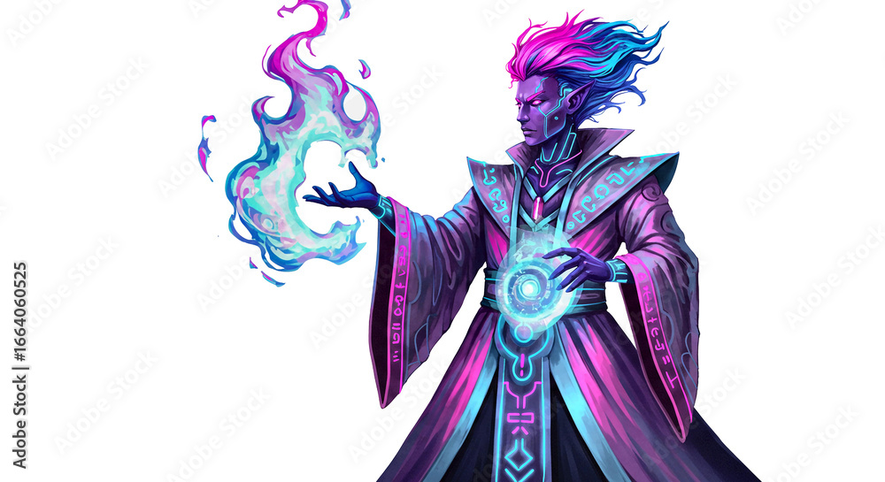 Fototapeta premium Futuristic Neon Mage Casting Holographic Fire Spell