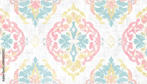 A delicate, symmetrical design featuring repeating floral motifs in soft pastels, including pinks, yellows, and teal, on a textured off-white background.