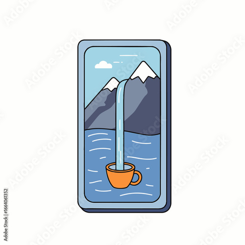 This sleek, minimalist illustration depicts a refreshing waterfall pouring into a cup, perfect for modern office water station signs and contemporary corporate branding.
