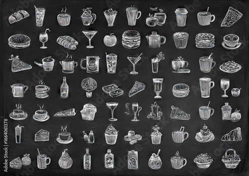 Food and drink illustrations, chalk style on black board