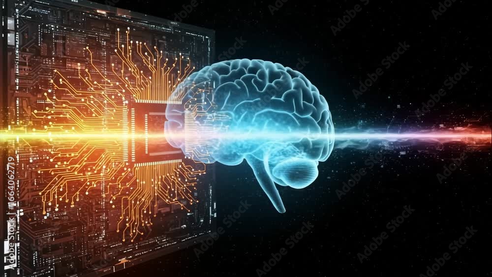 A futuristic motherboard with a glowing chip and a rotating holographic human brain surrounded by colorful effects. Concept of artificial intelligence and neurobiology