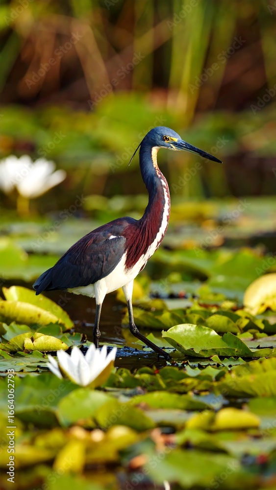 Naklejka premium Heron wading in lily pads (1)