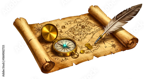 Vintage Treasure Map Rolled Open with Compass Isolated