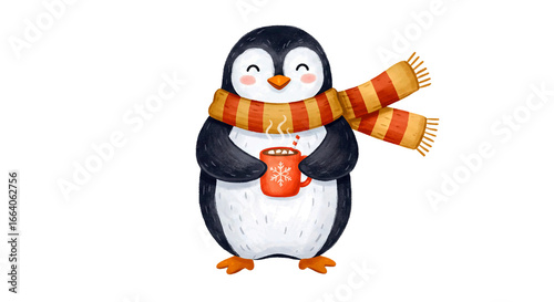 Pinguim de Inverno com Cachecol e Chocolate Quente