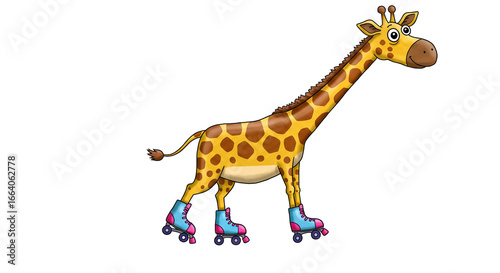 TÍTULO: Girafa de patins em desenho animado divertido e colorido