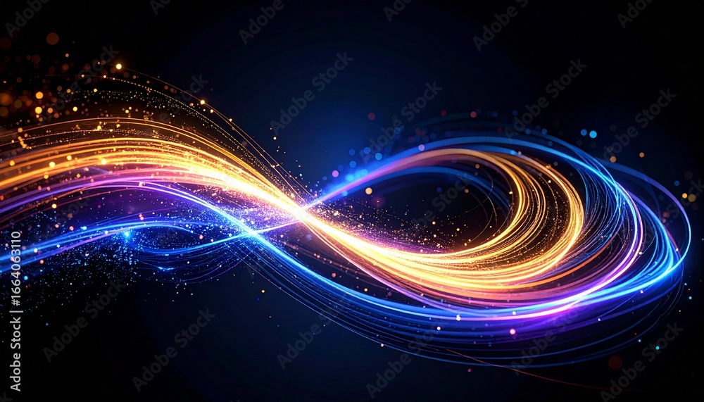 Obraz premium Vibrant streams of blue and gold light swirl in an elegant infinity loop on a dark background.