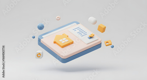 3D Minimalist Online Real Estate Concept. Digital Property Management Web Interface with House Icon and Document.
