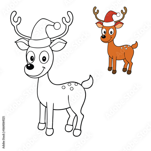 A festive reindeer wearing a Christmas cap, ready for holiday cheer! Perfect for a fun and creative coloring page to celebrate the joy and magic of Christmas.
