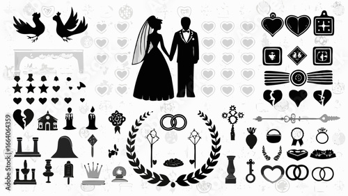 Illustration of a wedding theme with bride and groom, rings, hearts, doves and other wedding symbols silhouette