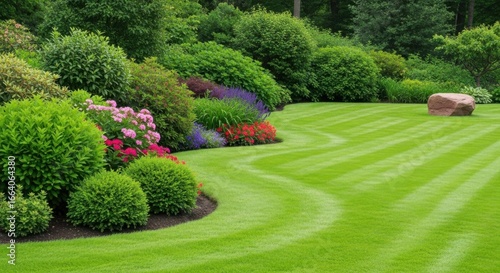 A beautifully manicured garden with vibrant flowers and neatly striped lawn, featuring lush green bushes and a large rock accentuating the landscape