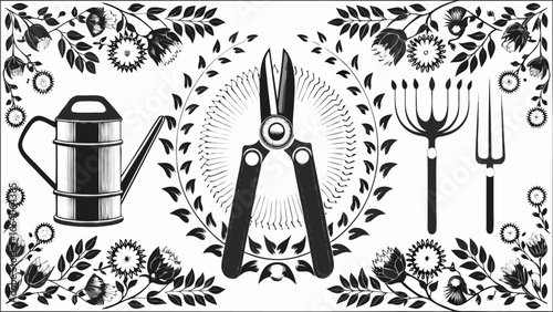 Illustration of gardening tools watering can shears and rakes surrounded by floral elements in black and white silhouette