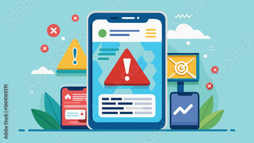 Digital illustration of a hand holding a smartphone screen showing bold text “Fake News”, symbolizing misinformation, propaganda, and lies in online media.