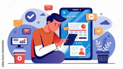 Digital illustration of a hand holding a smartphone screen showing bold text “Fake News”, symbolizing misinformation, propaganda, and lies in online media.