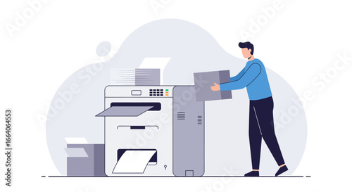 Man Loading Paper into Modern Office Printer.